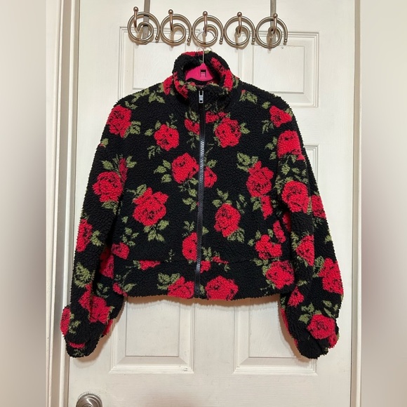 Forever 21 cropped teddy bear jacket roses S - Picture 4 of 7